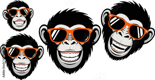 Cool chimpanzee head mascot with orange sunglasses, smiling monkey face vector set, funny ape character illustrations for apparel design