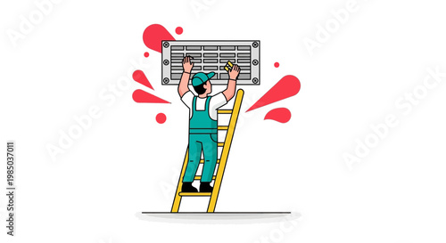 HVAC Technician Repairing Ventilation System on a Ladder, Professional Handyman Cleaning Wall Vent Grille Illustration