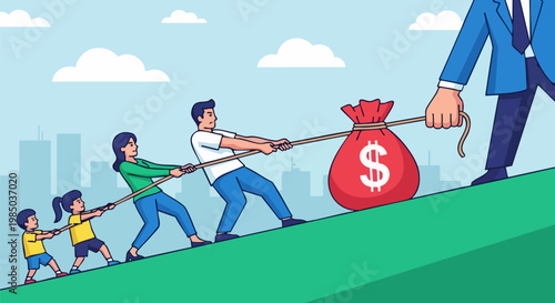 Family tug of war against giant corporate hand, parents and children pulling money bag uphill, financial struggle and economic pressure concept vector