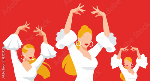 Flamenco dancers in white dresses on red background, Spanish culture illustration, traditional folk dance performance vector