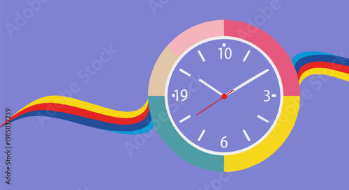 Retro analog clock vector illustration, colorful time management concept with rainbow waves, minimalist purple clock face for productivity and scheduling