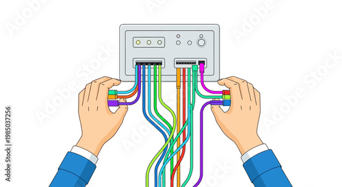 Businessman Hands Plugging Colorful Fiber Optic or Network Cables into a Digital Communication Hub, IT Infrastructure and Connectivity Concept Illustration