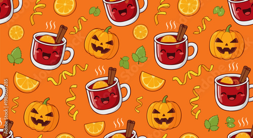 Kawaii Halloween seamless pattern, cute mulled wine mugs and jack o lantern pumpkins, autumn spice orange background vector