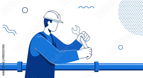 Industrial Worker in Hard Hat Fixing Pipe with Wrench Minimalist Vector Illustration for Maintenance and Repair Concepts