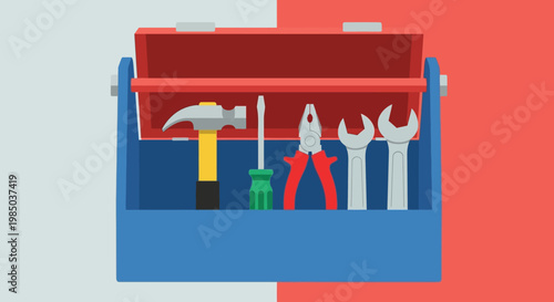 Flat Design Toolbox Illustration with Hammer, Screwdriver, Pliers, and Wrenches for DIY, Home Repair, and Construction Concepts