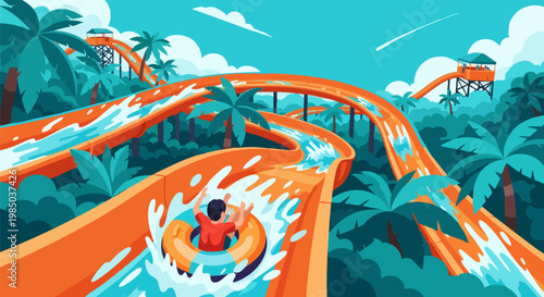 Tropical water park vector illustration, orange water slides with splashing water, summer vacation theme with palm trees and swimming pool slides