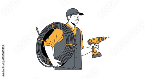 Professional Electrician Illustration Carrying Cable Coil and Cordless Drill for Electrical Installation and Home Repair Service