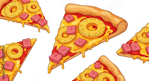 Hawaiian pizza slices with pineapple and ham, cartoon vector illustration of cheesy pizza portions, fast food pattern on white background