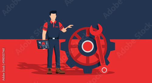 Technician Managing Smart Home Maintenance and Automation System via Tablet with Gear and Wrench Icons, Digital Repair Service Flat Vector Illustration