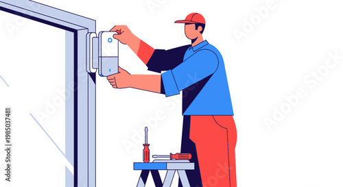 Professional Technician Installing Smart Doorbell or Electronic Security Lock on a Door. Handyman Maintenance Service Illustration Vector for Home Automation Concept.
