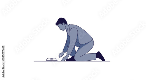 Technician Kneeling to Install or Repair Smart Home Device on Floor, Flat Vector Illustration Isolated on White