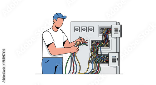 Professional Electrician Working with Complex Network Cables and Electrical Panel Illustration