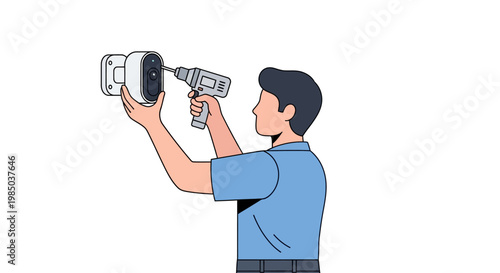 Technician Installing CCTV Security Camera with Drill, Flat Vector Illustration for Home Security and Professional Surveillance System Setup