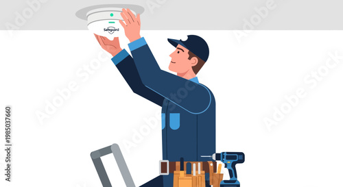Professional Technician Installing Smoke Detector on Ceiling for Home Fire Safety and Security System Illustration