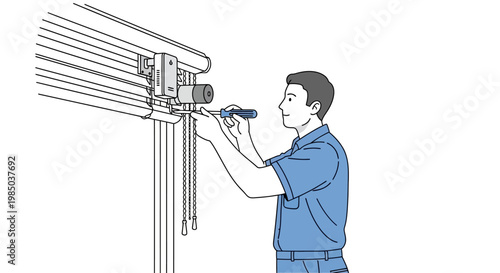 Professional Repairman Installing Motorized Smart Blinds, Handyman Fixing Automated Window Shutter System, Home Automation Maintenance Line Art Vector Illustration