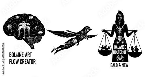 Abstract brain with internal gears flying bird with clockwork and balanced scales with figures Isolated on white background