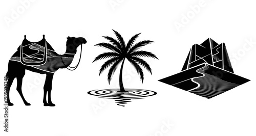 Desert caravan silhouette with palm oasis and sand dune landscape Isolated on white background