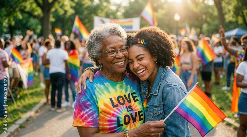 Fototapeta premium Grandmother and granddaughter embrace at pride parade