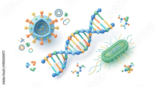 3D Microscopic Biology Set with DNA Helix, Virus and Bacteria
