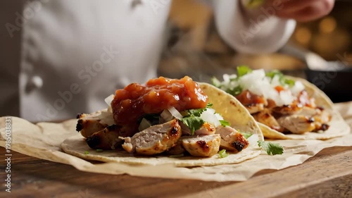 Close-up of chef preparing tacos with grilled chicken and fresh cilantro