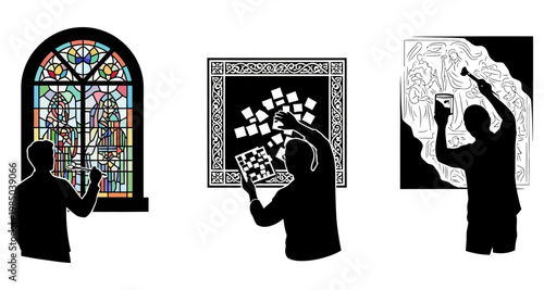 Silhouettes of people interacting with art during creation and appreciation Isolated on white background