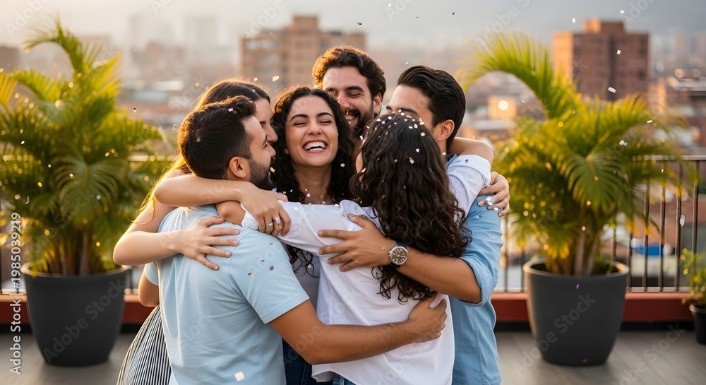 Obraz premium Happy Diverse Group of Friends Hugging and Celebrating with Confetti on a Rooftop at Golden Hour