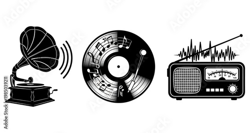 Vintage gramophone vinyl record with musical notes and retro radio with sound waves isolated on white background