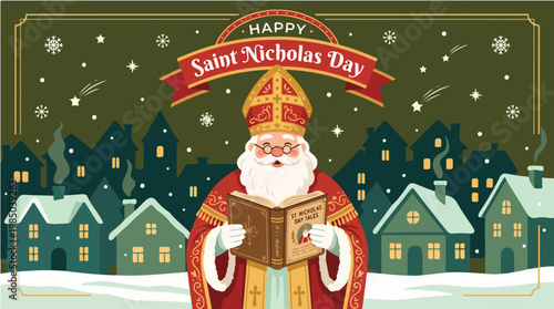Illustration of Saint Nicholas reading a book on a snowy evening with a festive banner and houses in the background.