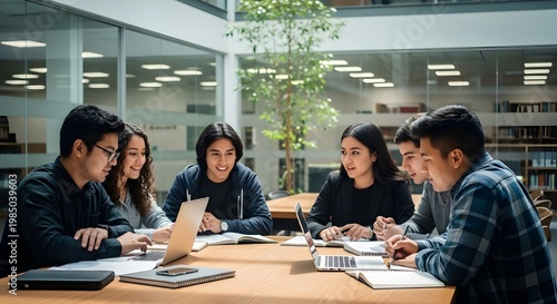 Diverse Latin teen students collaborating in a modern library