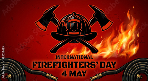 A helmet with crossed axes on a red background. A flame appears on the right side, with coiled fire hoses along the bottom. The design includes the message “International Firefighters’ Day – 4 May.”