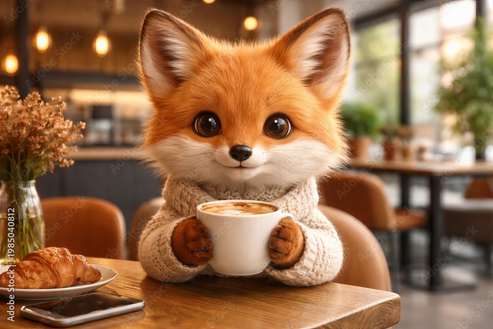 Obraz premium Cute little fox wearing knitted sweater holding coffee cup in cozy cafe. Animal drinking hot beverage at table with croissant. Adorable woodland creature character in restaurant
