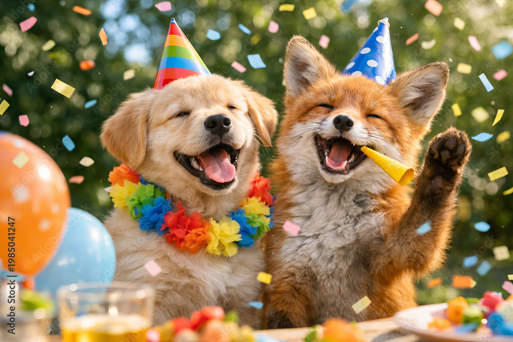Obraz premium Golden retriever puppy and red fox celebrating birthday with party hat and confetti. Happy animals enjoying festive event at outdoor party. Friendship between wild and domestic animal for celebration