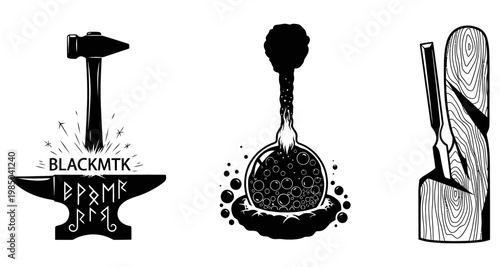 Blacksmith anvil with runes and hammer during blacksmithing concept Isolated on white background