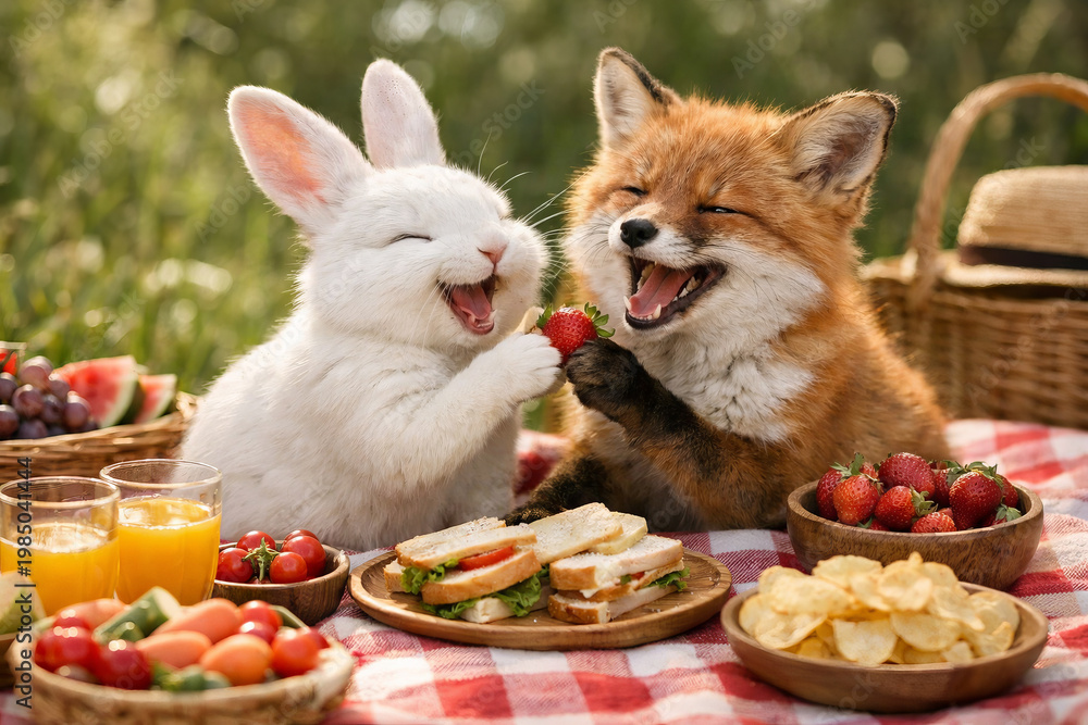 Naklejka premium Rabbit and fox eating strawberry during picnic. Happy animals sharing food in sunny garden. Friendship concept, funny wildlife characters interacting with summer