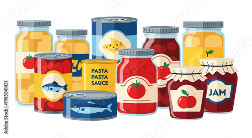 Assorted Preserved Foods in Jars and Cans: Jam, Pasta Sauce, Fish, Pickles
