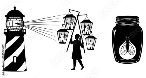 Child holding glowing lanterns near a lighthouse with fireflies in a jar