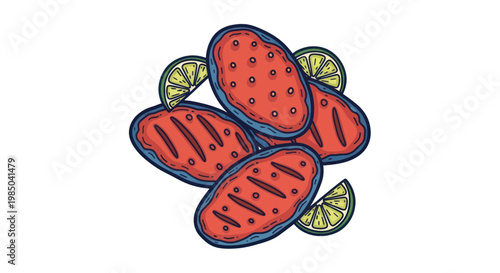 Grilled Cactus Pads with Lime Slices, Hand-Drawn Illustration
