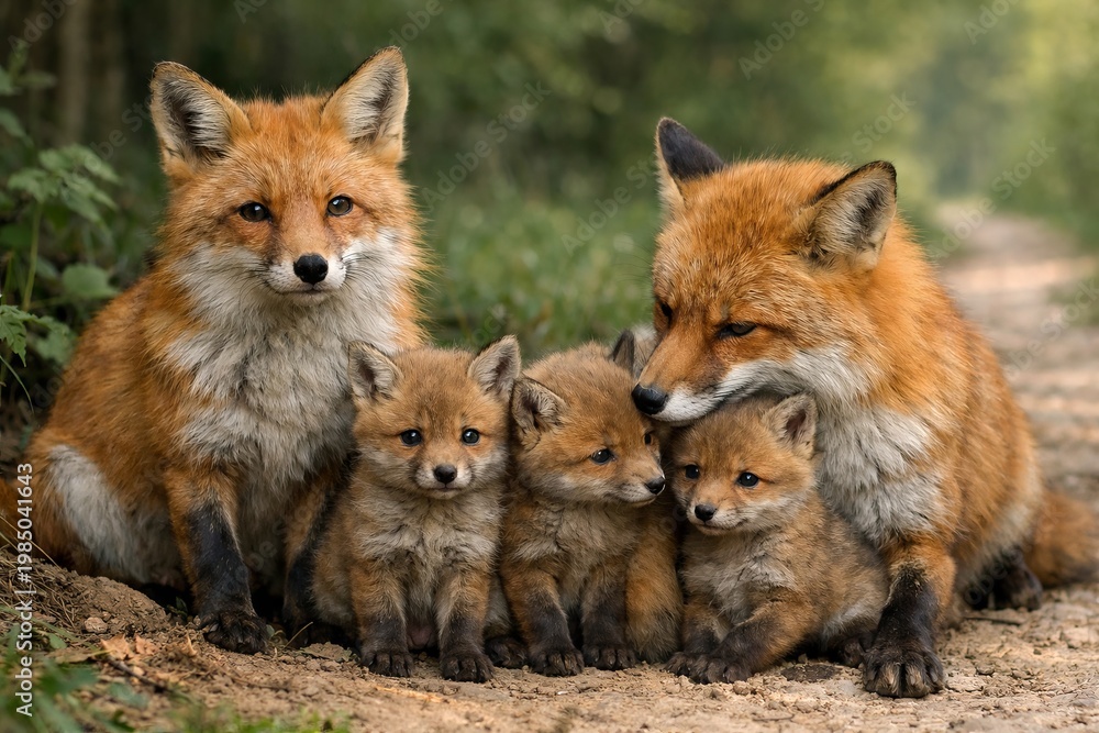 Obraz premium Family of wild foxes sitting together on a forest path. Mother fox with small kits in nature. Cute red animals portrait in woodland. Concept of wildlife, motherhood, love and protection in nature