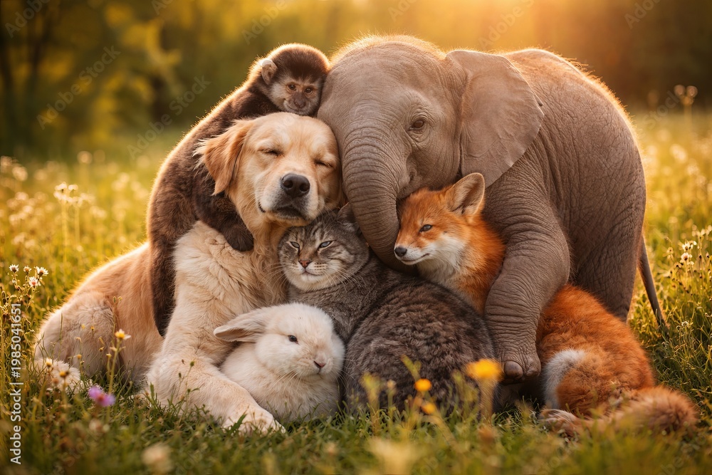 Obraz premium Group of animals including dog cat monkey elephant and fox hugging in a field. Concept of friendship and unity in nature. Wildlife illustration showing different species together at sunset in meadow