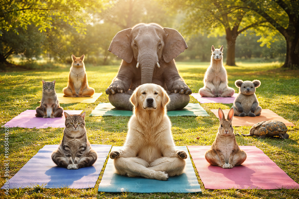 Naklejka premium Group of animals doing yoga in a park. Cute pets and wildlife relaxing together on mats. Meditation and mindfulness practice for wellness, spirituality, and fitness concept in nature. Illustration