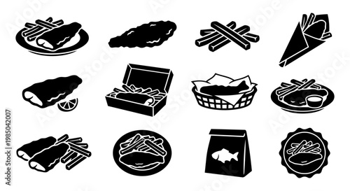 Fish and Chips Silhouettes Set British Fast Food Takeaway Icons Black Vector
