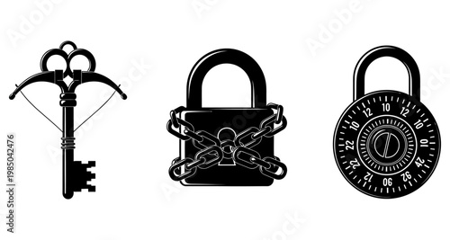 Vintage key with bow chained padlock and combination lock isolated on white background