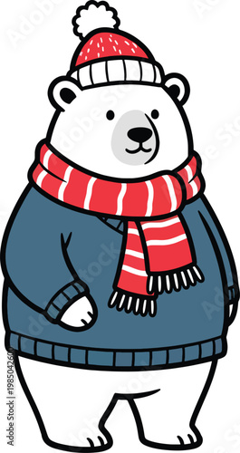 Illustrated Polar Bear In Full Winter Outfit
