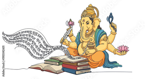 Ganesha Writing Sacred Texts with Books and Lotuses
