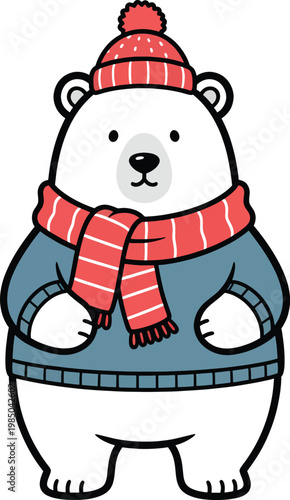 Cute Cartoon Polar Bear Dressed In Winter Clothes
