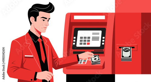 Man using ATM for cash withdrawal, financial transaction, modern banking concept