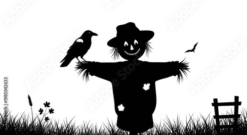 Scarecrow Silhouette with Crow and Bat on White Background