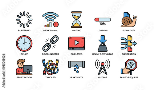 Common internet connectivity issues illustrated with symbols and icons