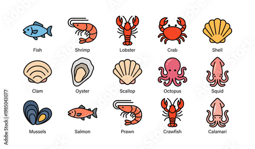 Colorful sea creatures and shellfish collection with fish, crustaceans, and mollusks