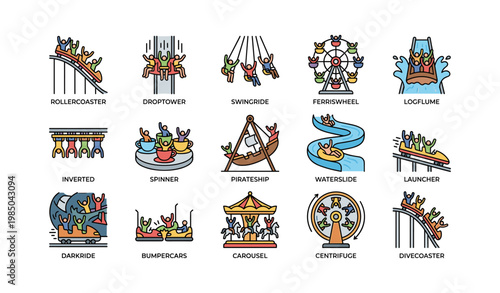 Amusement park ride icons: rollercoaster, ferris wheel, waterslide, carousel, drop tower